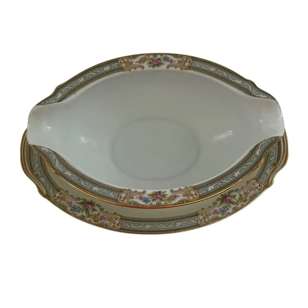 Noritake Lynbrook Made in Occupied Japan Cream & Gold Floral Gravy Boat w/ plate